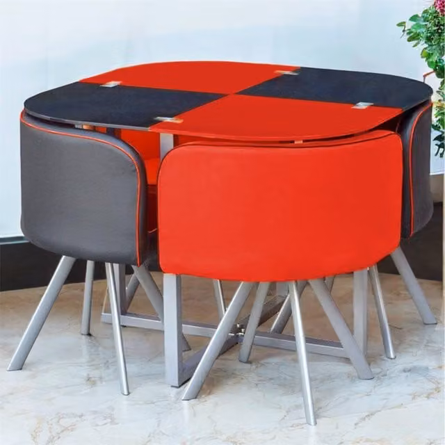 Kosy Koala Modern Round Glass Dining Table and 4 Chairs Set in Red and Black