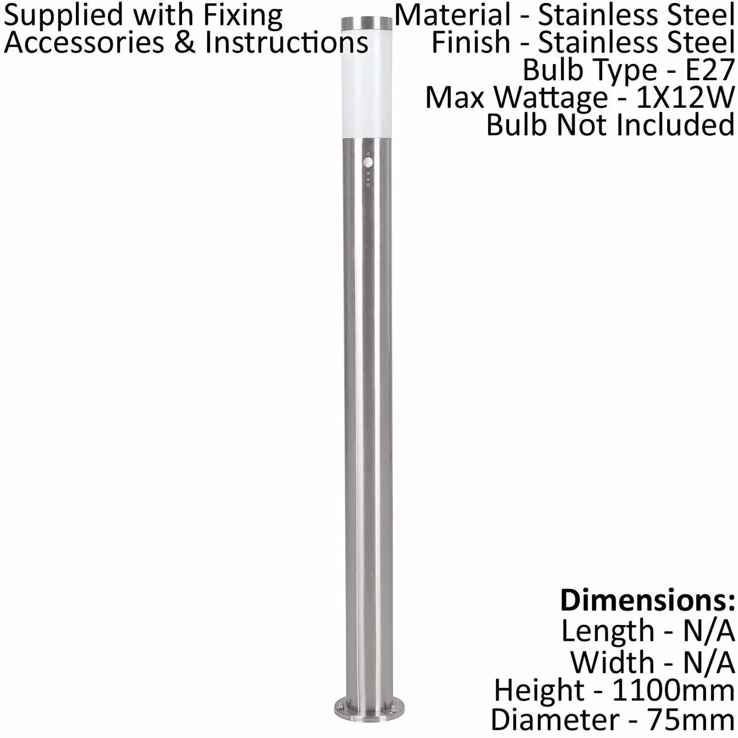 Loops Silver Stainless Steel Outdoor Bollard Light with PIR Motion Sensor, 12W E27, Height: 110 cm – 2