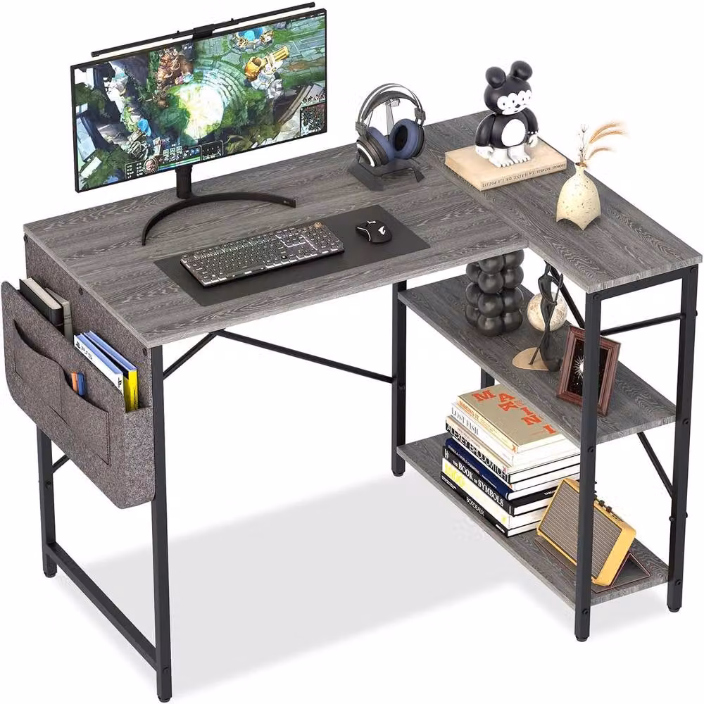 Huhote L-Shaped Corner Computer Desk in Grey with 2 Shelves and Storage Bag, W/D/H: 100 x 70 x 75 cm – 2