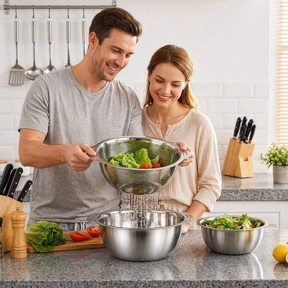 FLAVORA Stainless Steel Round Colander and Bowl Set with Handles in Silver – 4