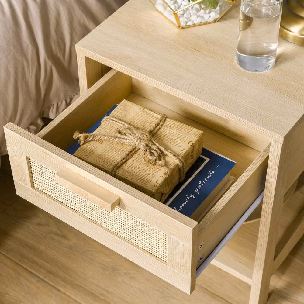 Wyld Haus Dilamo Set of 2 Farmhouse Bedside Tables with Rattan Drawer and Open Shelf in Beige – 5