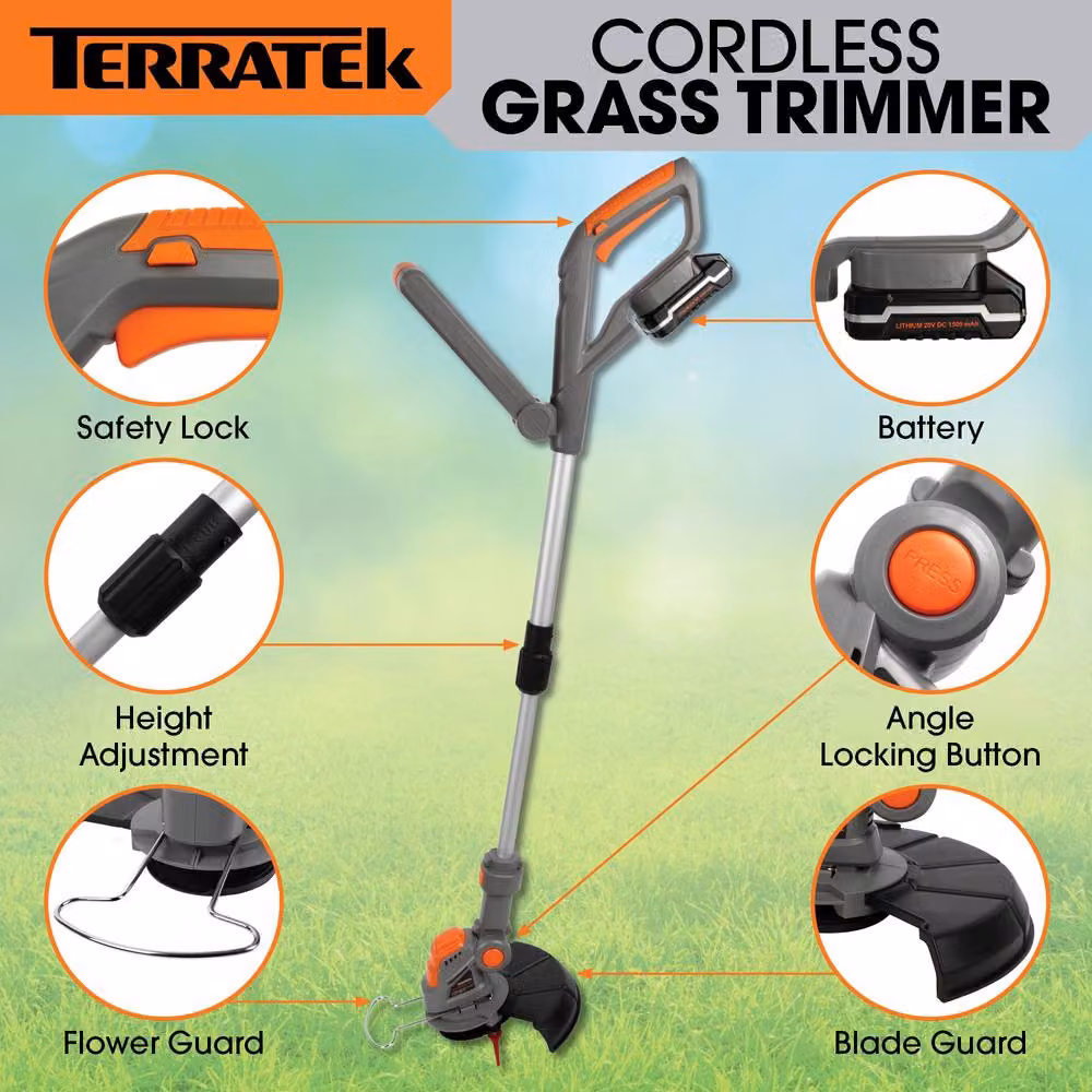 Terratek 20V Cordless Strimmer and Grass Cutter in Grey with 2 Rechargeable Batteries, Charger and Plastic Blades – 4