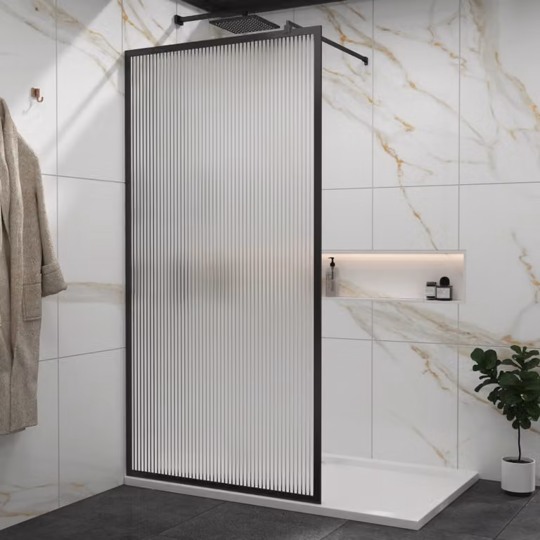 Luxor Walk-In Wet Room Fluted Shower Screen with Matt Black Frame and 8mm Easy Clean Glass, W: 80 cm, H: 195 cm