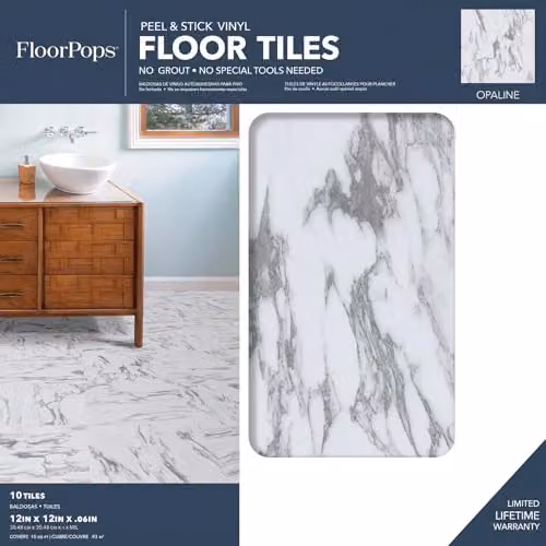 FloorPops FP3329 Opaline Self-Adhesive Peel and Stick Floor Tiles, White Marbled Stone Look, W/D/H: 30.48 x 30.48 x 0.15 cm – 2