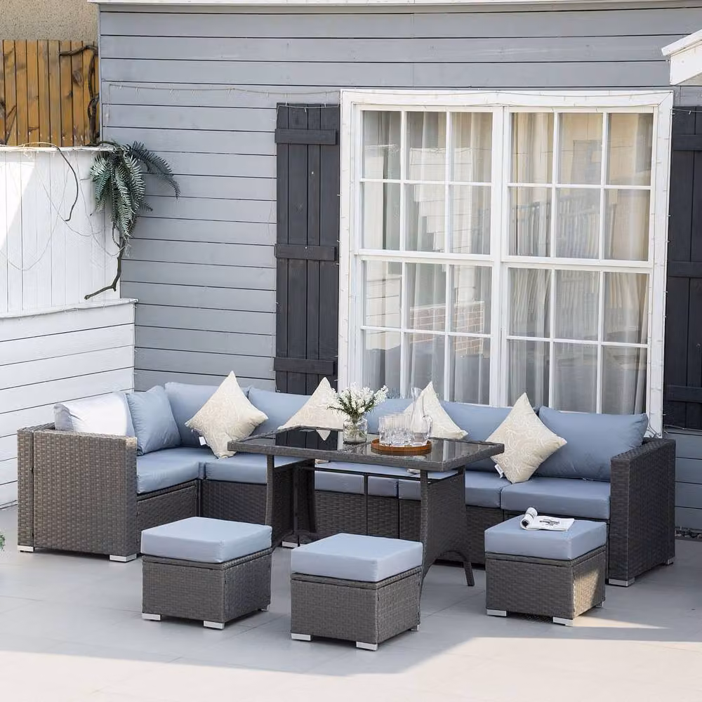 Outsunny 10 Piece L-Shape Rattan Garden Furniture Set with Upholstered Cushions and Coffee Table in Grey – 2