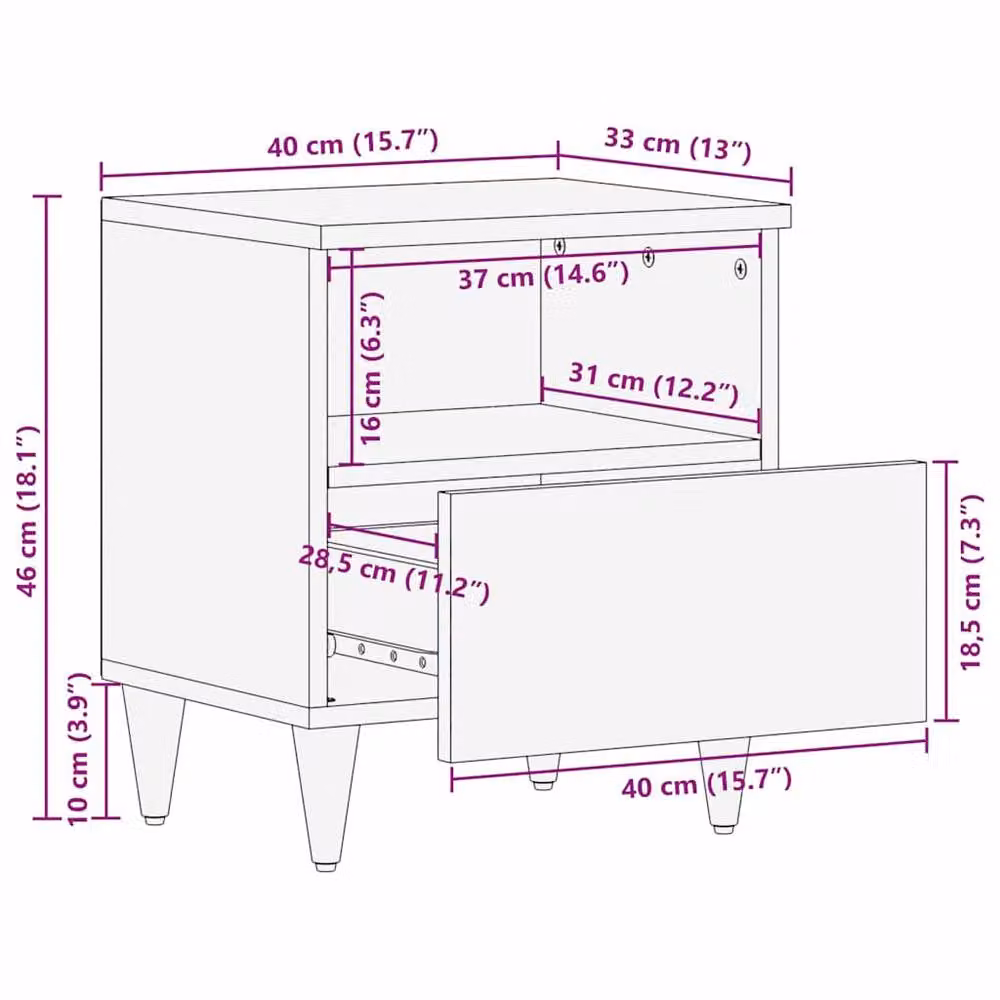 Berkfield Home Elegant Bedside Cabinet in Brown Solid Mango Wood, W/D/H: 40 x 33 x 46 cm – 7