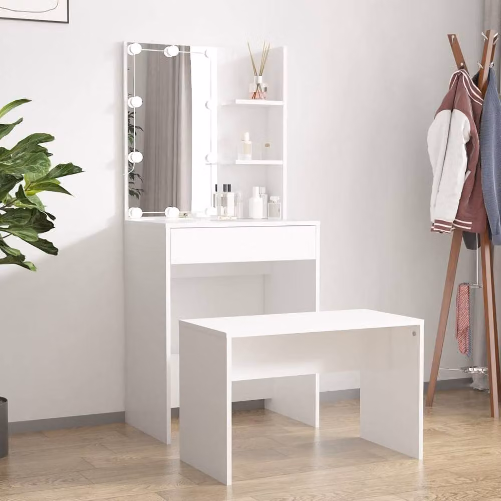 Berkfield Home Hollywood LED Dressing Table Set in White Matt MDF – 2