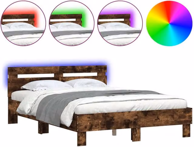 Berkfield Home Modern Double Bed Frame with LED Under-Bed Lighting and USB Charging Port in Smoked Oak Brown, W: 135 cm, L: 190 cm
