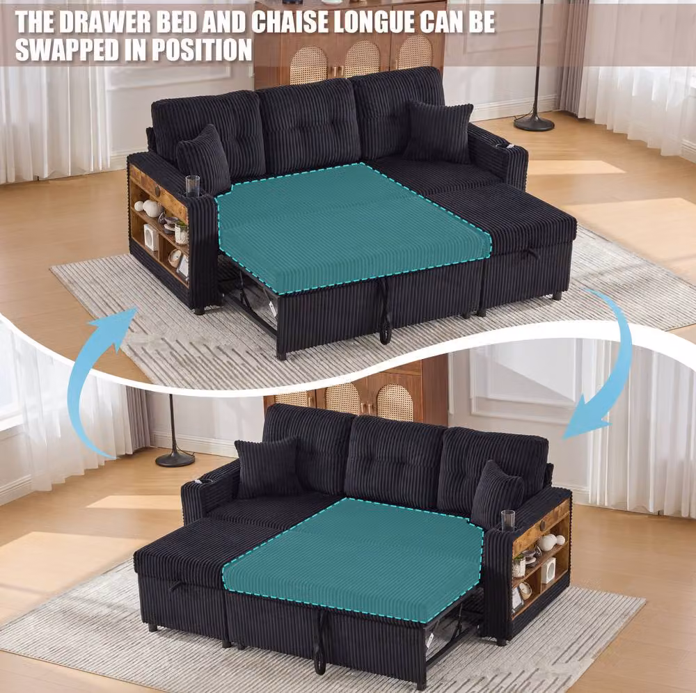 STILVORA Black Corduroy Sofa Bed with Storage and USB Charging – 5