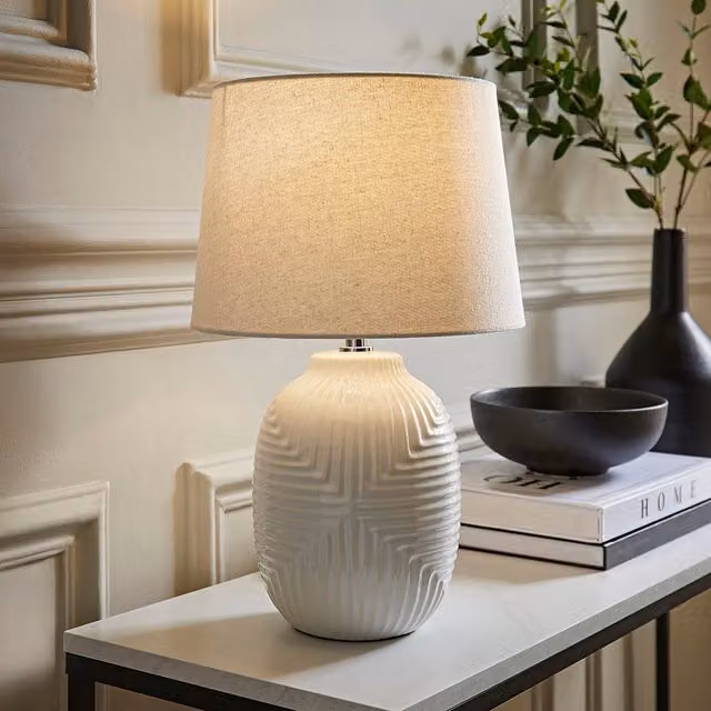 Harrison Medium Geo Ribbed Gloss Ceramic Table Lamp with Tapered Shade and LED Bulb in White