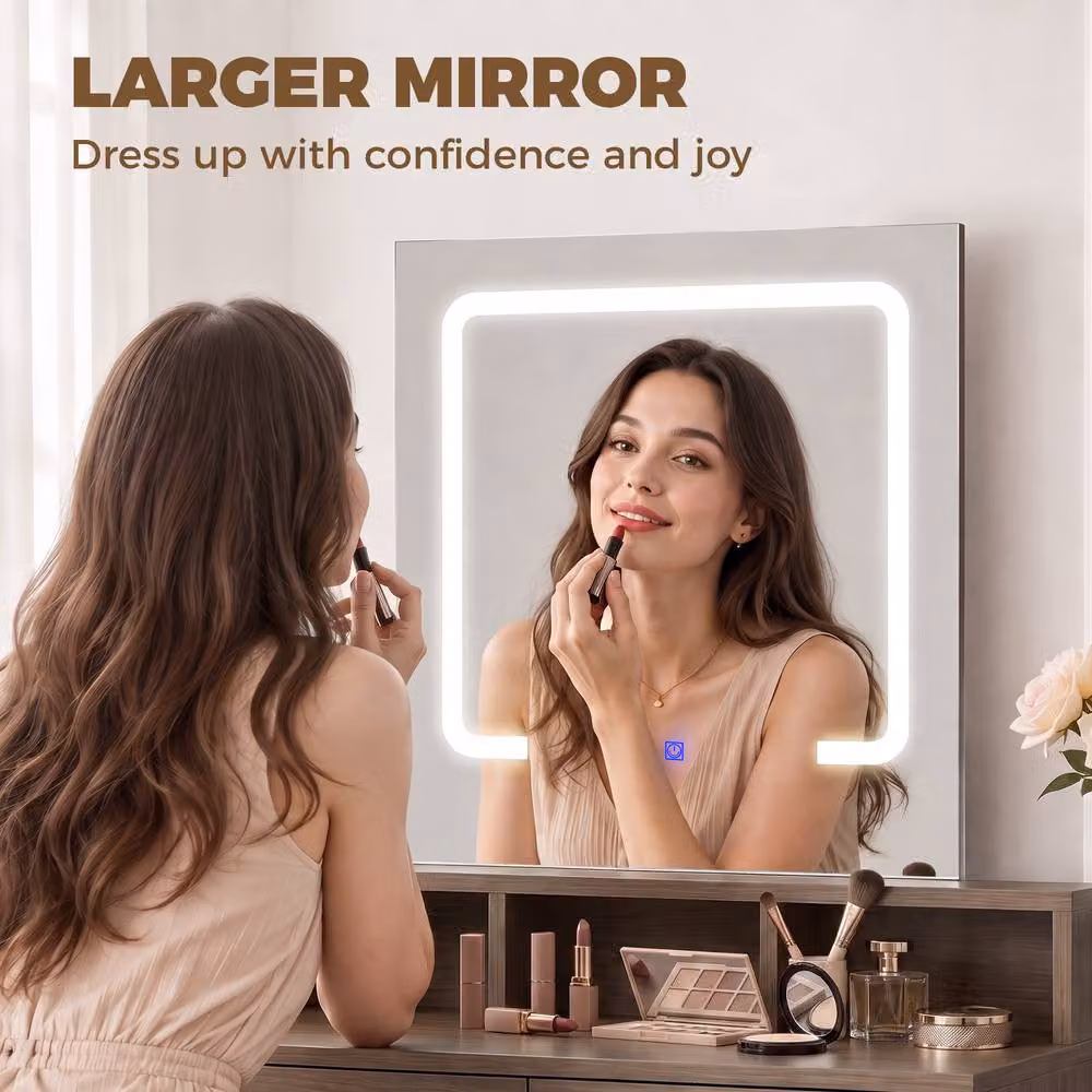 HOMCOM Modern Hollywood LED Dressing Table with Mirror in Walnut Brown – 6