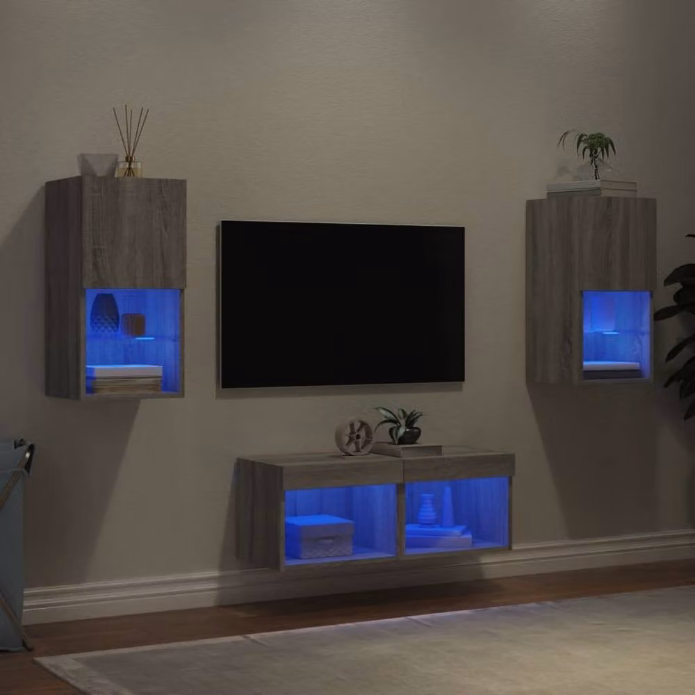 Berkfield Home 4 Piece Modern Wall Mounted TV Cabinet Set with Integrated LED Lighting in Grey Sonoma – 1