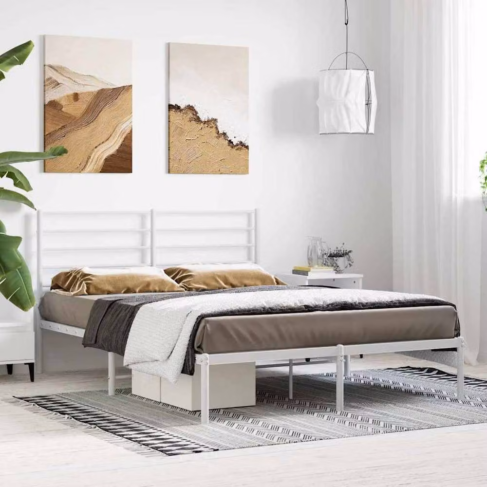 Berkfield Home Metal Bed Frame with Headboard in White, W/D/H: 140 x 190 x 90 cm – 2