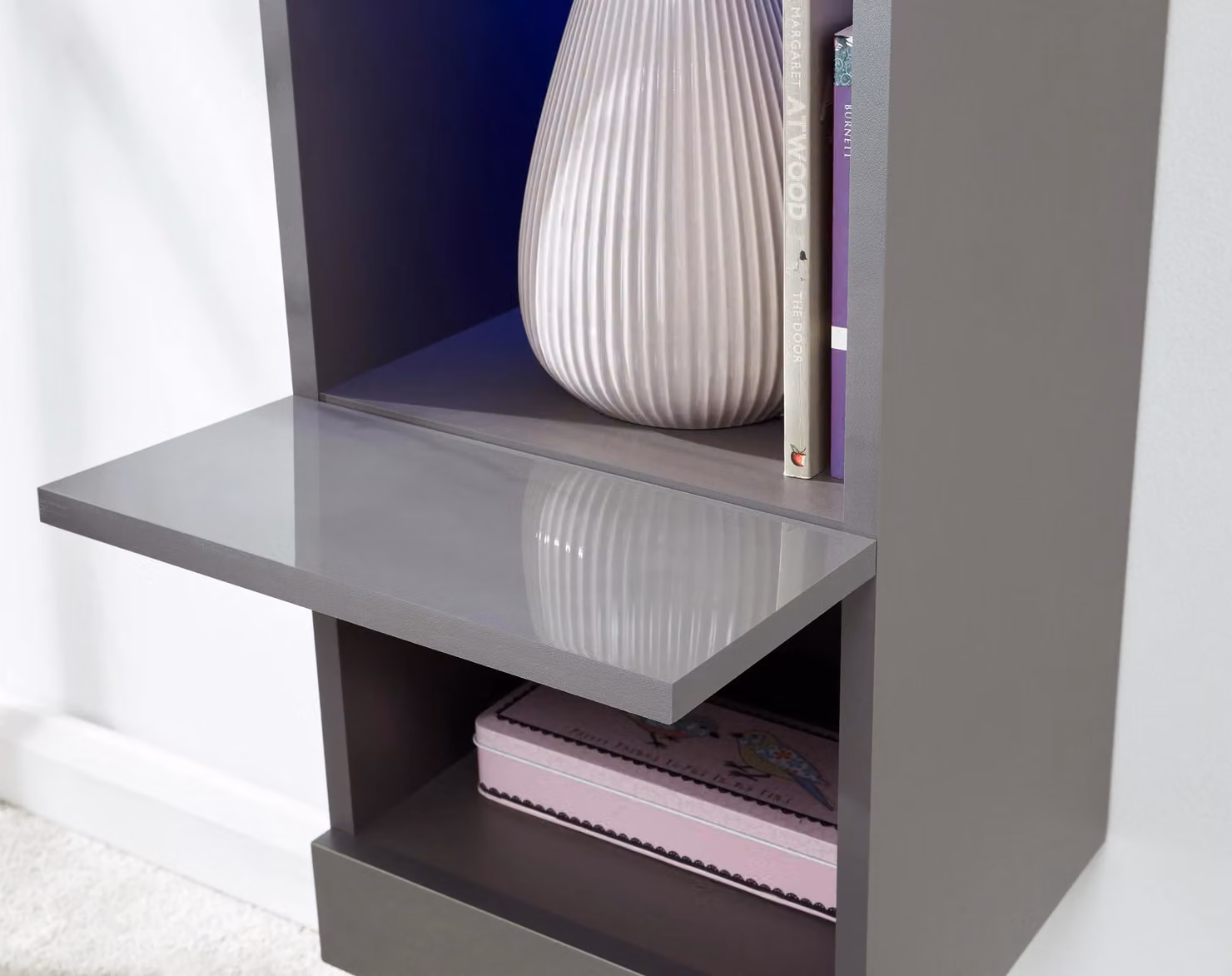 GFW Galicia Tall Shelf Unit with LED Lighting in Grey Glossy Finish – 3