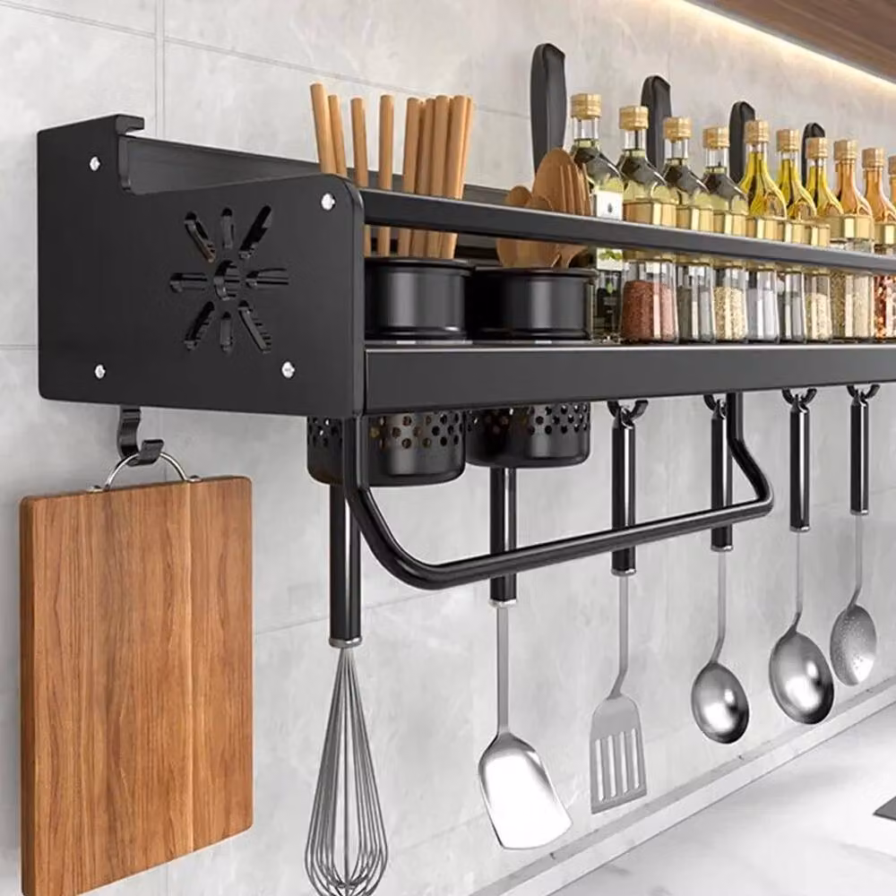 EONLION Black Wall Mounted Metal Kitchen Spice Rack and Utensil Shelf, Width: 100 cm – 4