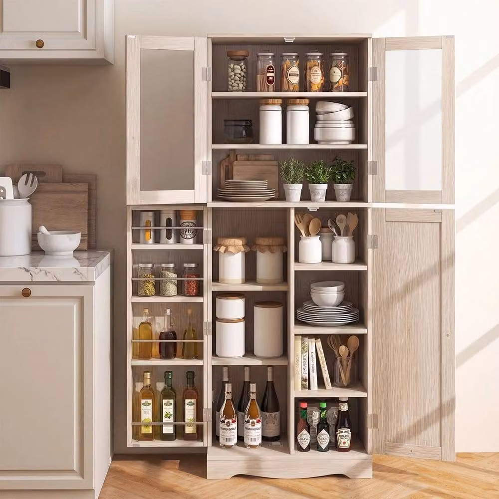 KORVIXA Modern Kitchen Pantry Cabinet with Glass Doors, Beige, W: 70 cm, H: 161 cm – 3