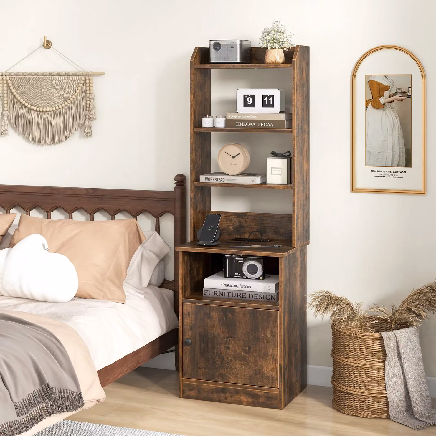 Gymax Tall Brown Nightstand with Shelves and Charging Station Grommet – 6