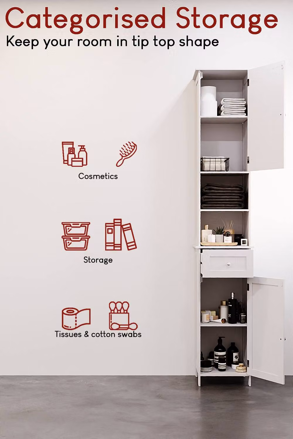 HD Designs Priano White Mirrored Bathroom Tall Cabinet with 2 Doors, 1 Drawer and Internal Shelves, H: 190 cm, W: 35 cm – 3
