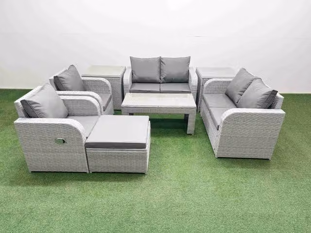 Fimous 7 Seater Rattan Garden Furniture Set in Light Grey with Coffee Table, Ottoman and Side Tables