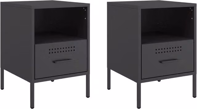 Berkfield Home Set of 2 Black Metal Bedside Cabinets, W/D/H: 36 x 39 x 50.5 cm