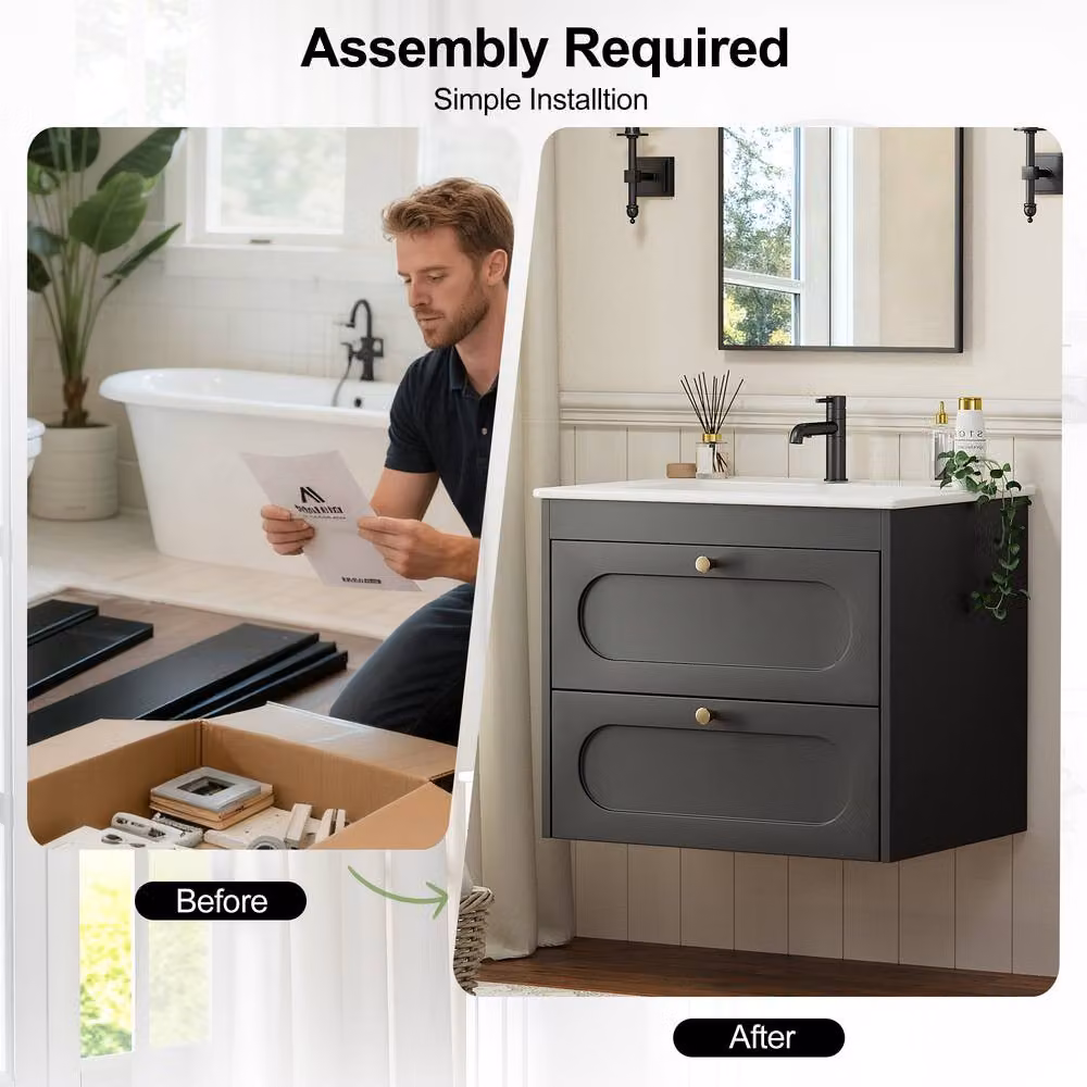KEEPREAPER Wall Hung Bathroom Vanity Unit with Basin and 2 Soft-Close Drawers in Black and Gold – 5