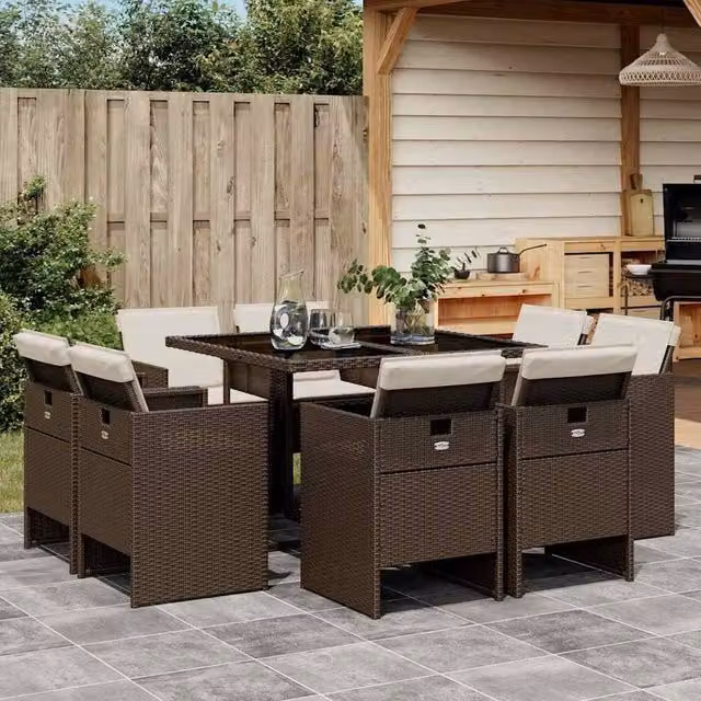 Berkfield Home 9 Piece Brown Poly Rattan Garden Dining Set with Cushions and Glass Table – 1