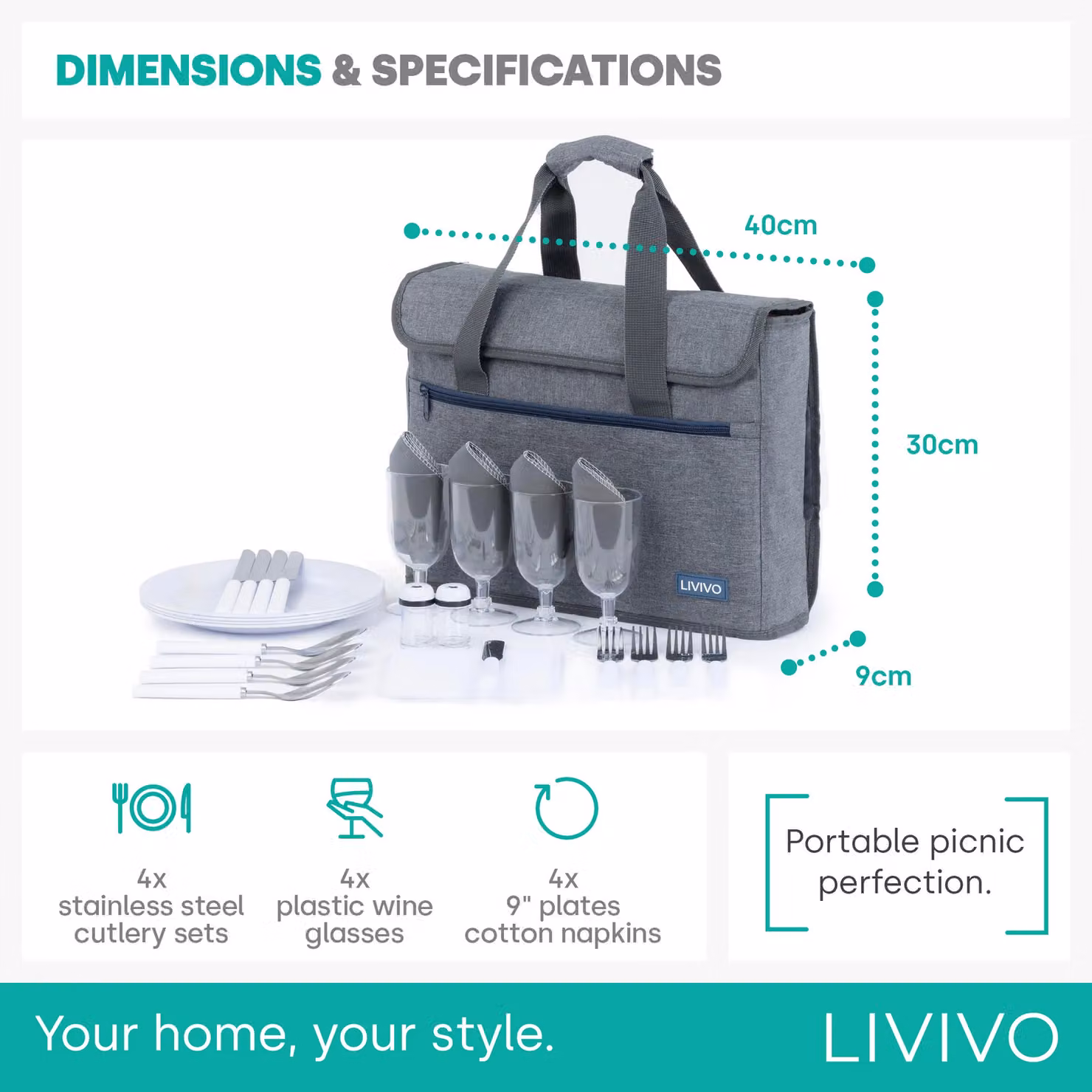 LIVIVO 4 Person Picnic Briefcase Bag with Tableware Set in Grey – 4