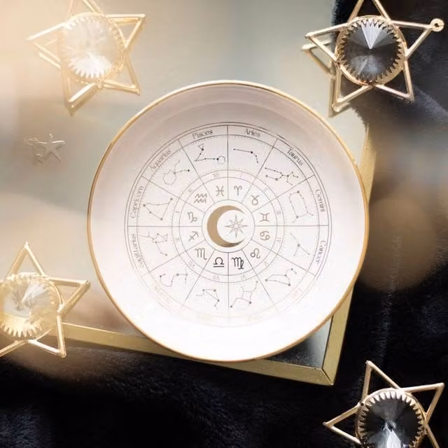 Uniqueful White and Gold Astrology Wheel Ceramic Trinket Dish