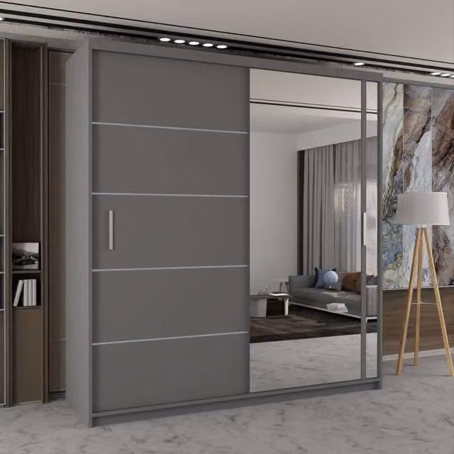 Sliding Wardrobes 4U Modern Double Sliding Wardrobe with Integrated LED Light, Grey, W: 120 cm, H: 217 cm, D: 62 cm – 1