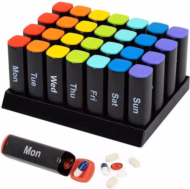 FINEWAY 28 Day Monthly Pill Organiser with Morning and Evening Stand in Black and Multicolour – 1