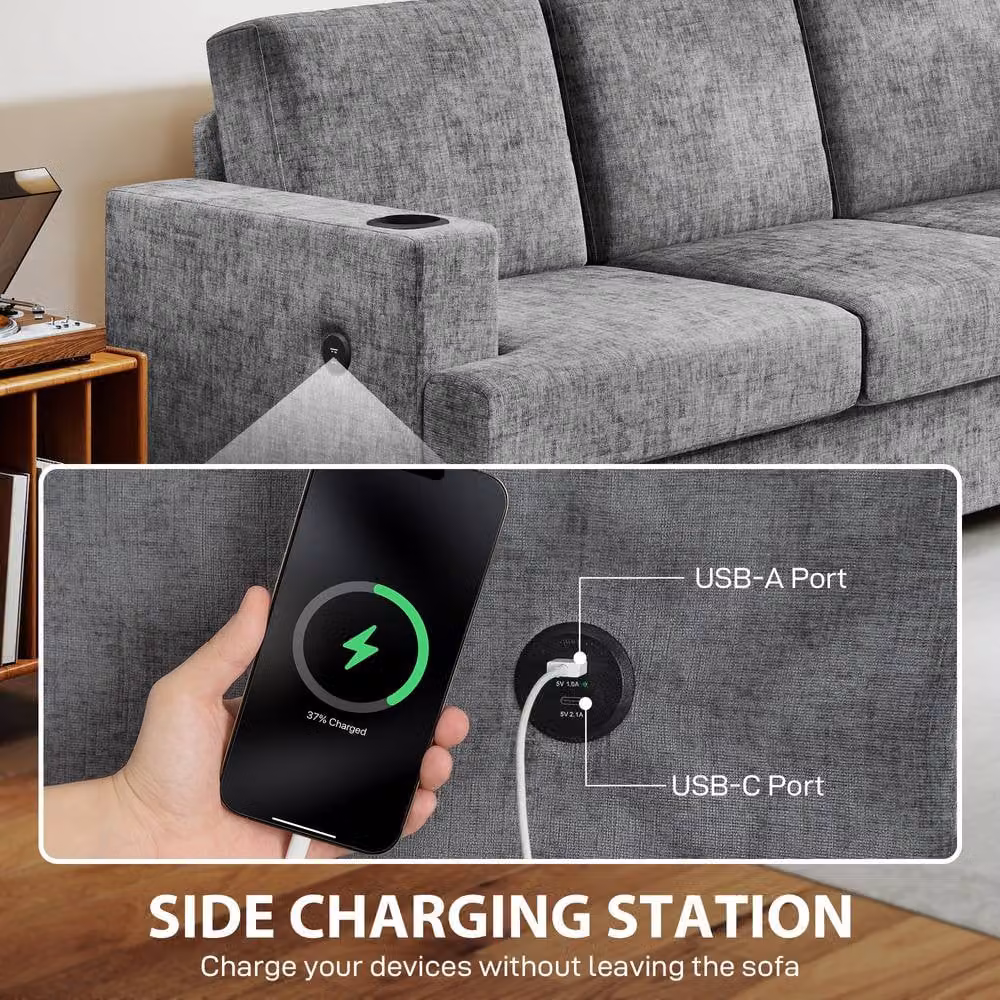 STILVORA 3 Seater Grey Fabric Sofa with USB Charging Ports and Cup Holders – 5