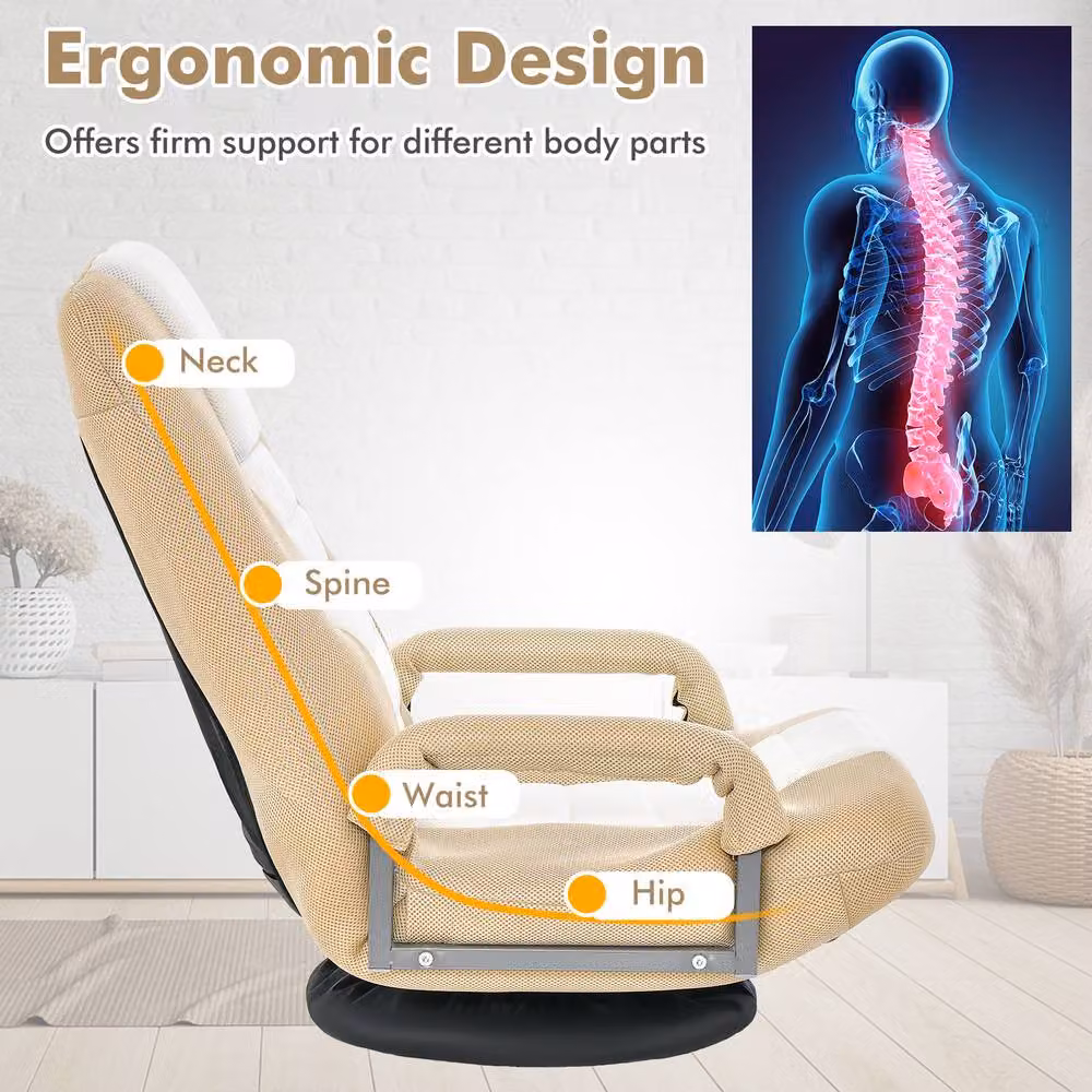Costway Folding Floor Gaming Chair with 6-Position Adjustable Backrest in Beige Multicolour Fabric – 3