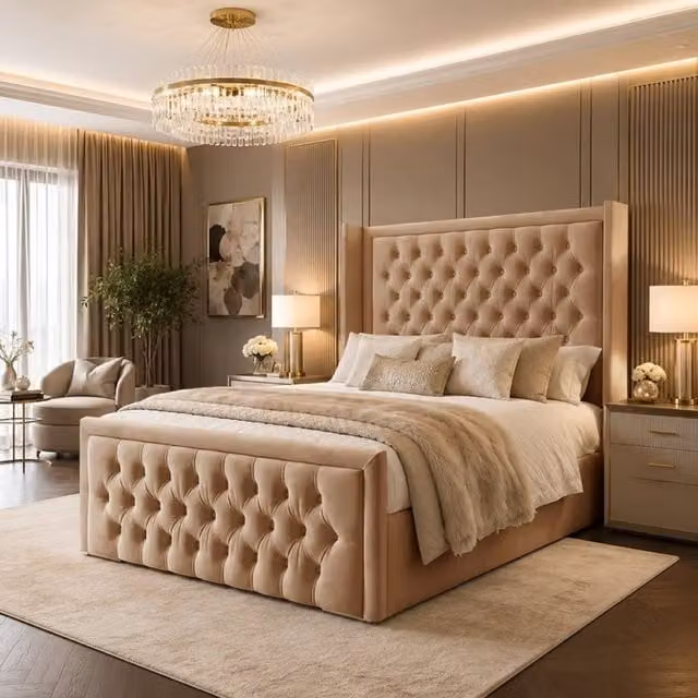 Desire Deco Luxury Wingback Upholstered Chesterfield Bed Frame in Beige Velvet, Size: 200 x 200 cm