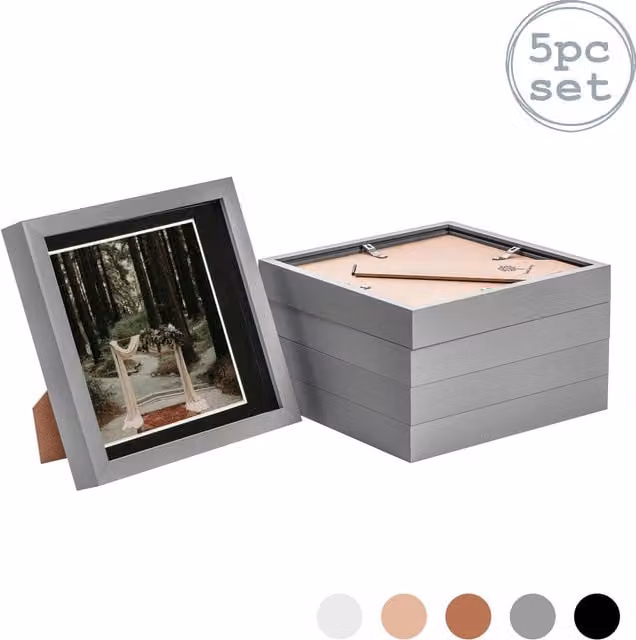 Nicola Spring Pack of 5 Single Square 3D Box Photo Frames in Grey and Black, W/D/H: 20.32 x 20.32 x 20.32 cm