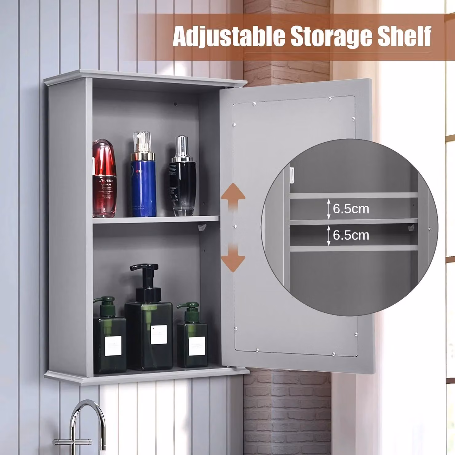 Costway Grey Wall Mounted Mirrored Bathroom Medicine Cabinet with Internal Shelves and Hinged Glass Doors – 4