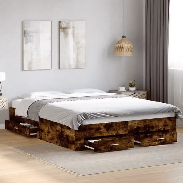 Berkfield Home Modern Bed Frame with Drawers in Smoked Oak Brown, W/D/H: 140 x 200 cm