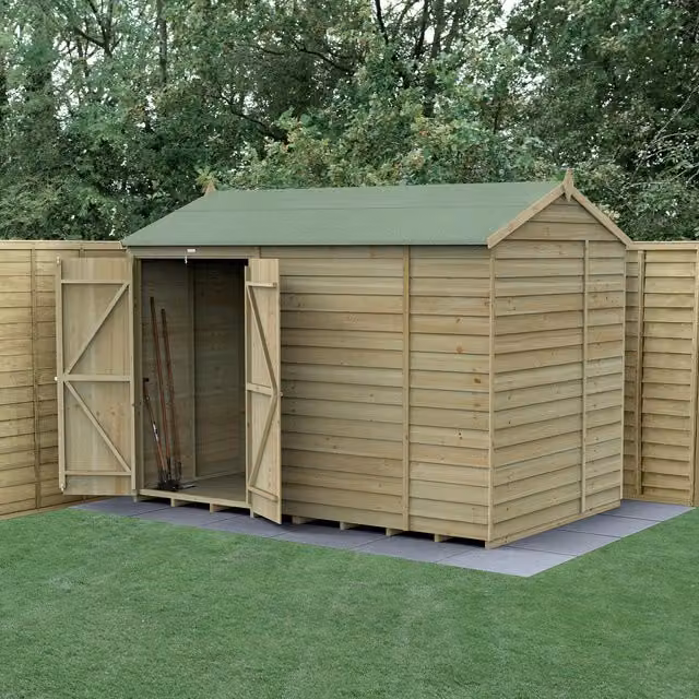 Forest Garden 4LIFE Reverse Apex Wooden Shed with Double Doors and Base in Brown