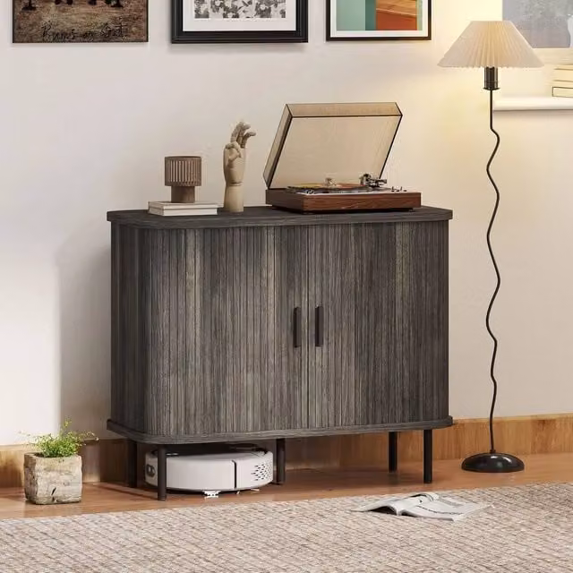 EONLION Mid-Century Sideboard Storage Cabinet with Slatted Tambour Sliding Doors in Grey, Width: 100 cm