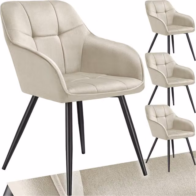 tectake Set of 4 Modern Dining Chairs in Velvet Fabric with Geometric Pattern and Metal Legs in Cream, Black, Yellow and Beige