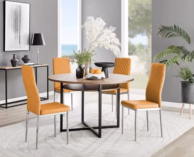 FurnitureboxUK Adley Brown Wood Round Dining Table and 4 Milan Mustard Faux Leather Chairs with Chrome Legs
