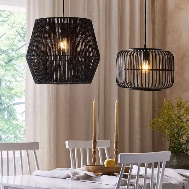 Wyld and Coco Black Pendant Lamp with Adjustable Cord and Paper Rope Shade – 1