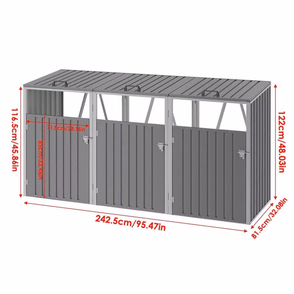 FLAVORA Large Triple Wheelie Bin Storage Metal Store in Grey – 2