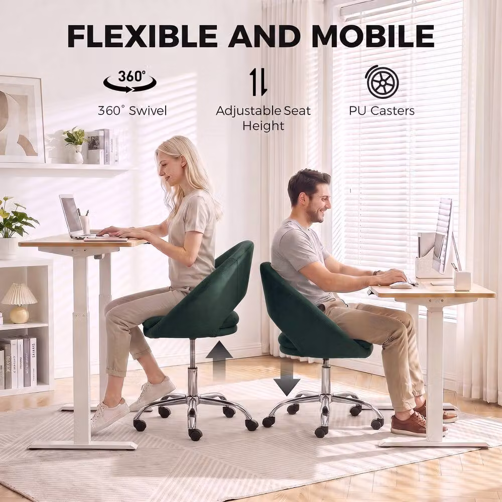 HOMCOM Modern Velvet Task Chair in Green with Height-Adjustable Swivel and Castors – 5