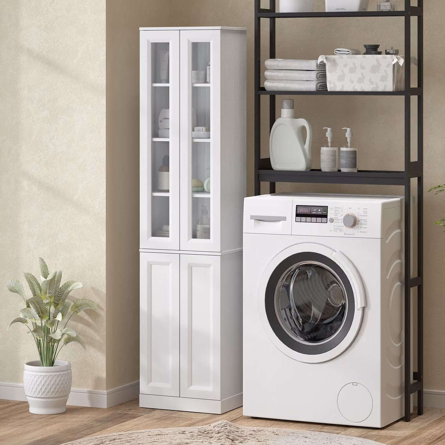 HOMCOM Tall White Bathroom Storage Cabinet with 6 Tiers, Adjustable Internal Shelves and 4 Soft-Close Hinged Doors, H 160 cm – 3