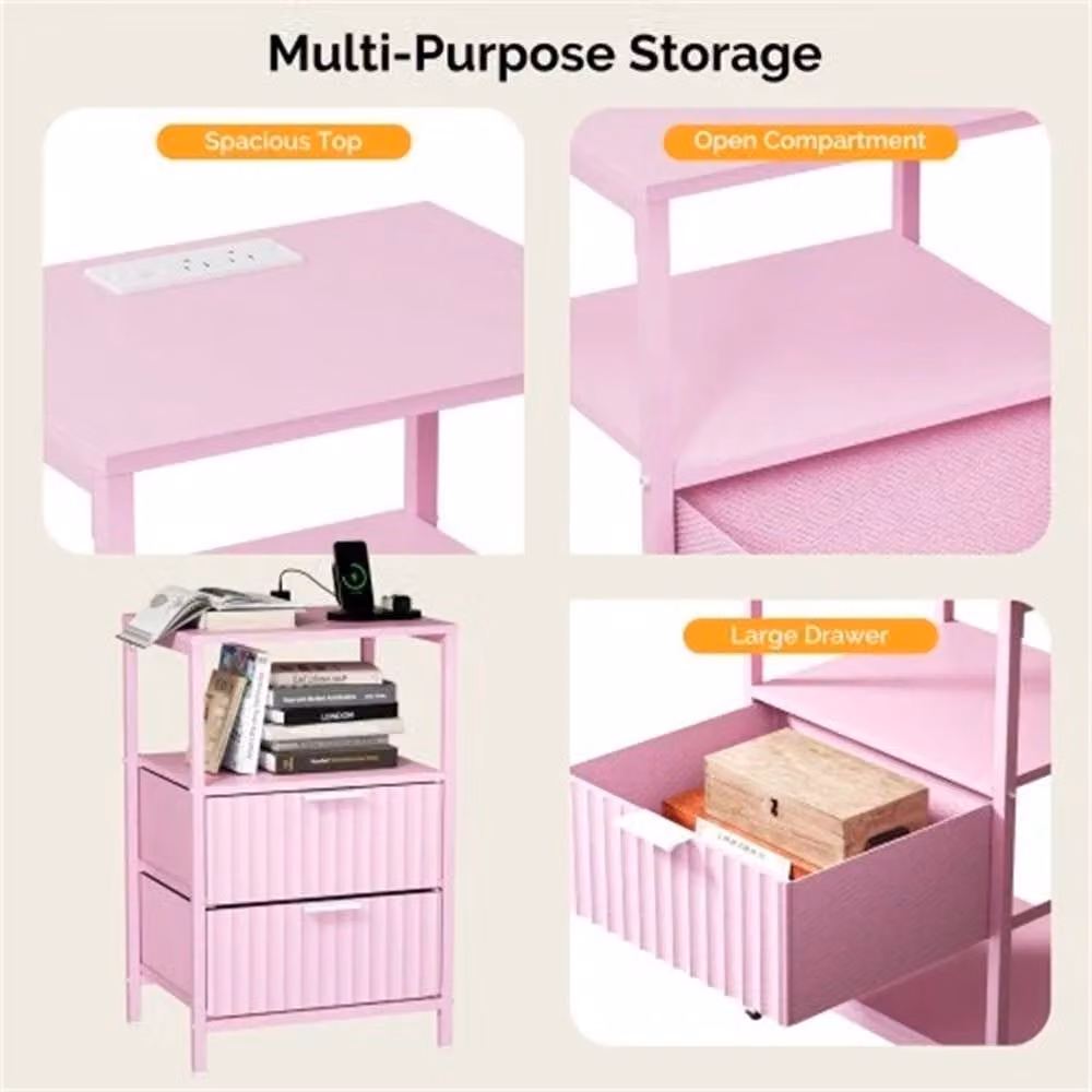 VOGREX Pink Bedside Table with 2 Drawers and Charging Station – 3