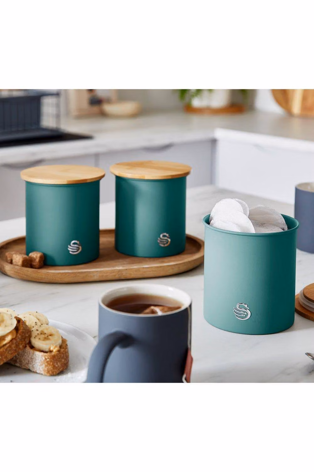 Swan Set of 3 Airtight Metal and Bamboo Canisters in Green – 4
