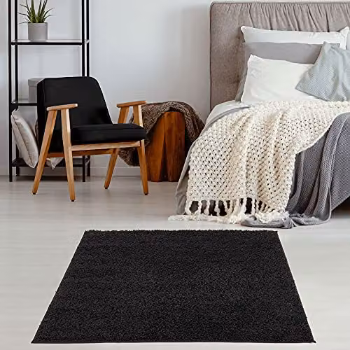 THE RUGS Black Plain Soft High Pile Shaggy Square Rug, W/D/H: 120 x 120 x 3 cm – 3