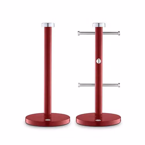 Swan Red Kitchen Towel Pole and 6 Mug Tree Set in Coated Steel with Weighted Bases
