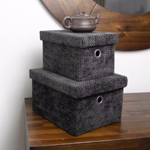 JVL Metro Set of 2 Fabric Rectangular Lidded Storage Baskets with Handles, Black or Grey, W/D/H: 29.0 x 23.0 x 16.0 cm – 3