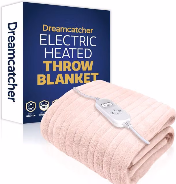 Dreamcatcher Deluxe Electric Heated Double Over Blanket in Pink with Soft Fleece and Timer – 1
